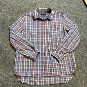 Tommy Hilfiger Shirt Women Medium Plaid Tunic 100% Cotton Preppy Roll Sleeve